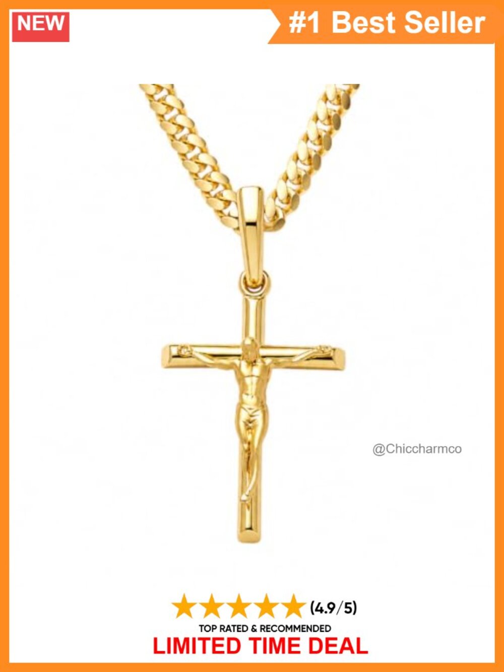 925 Sterling Silver Crucifix Cross Necklace 14K Gold Plated Cuban Link